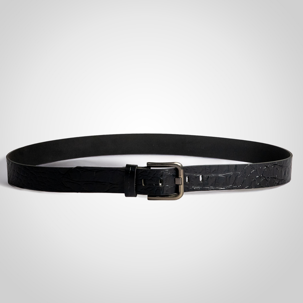 Black leather belt with a silver buckle on a light gray background