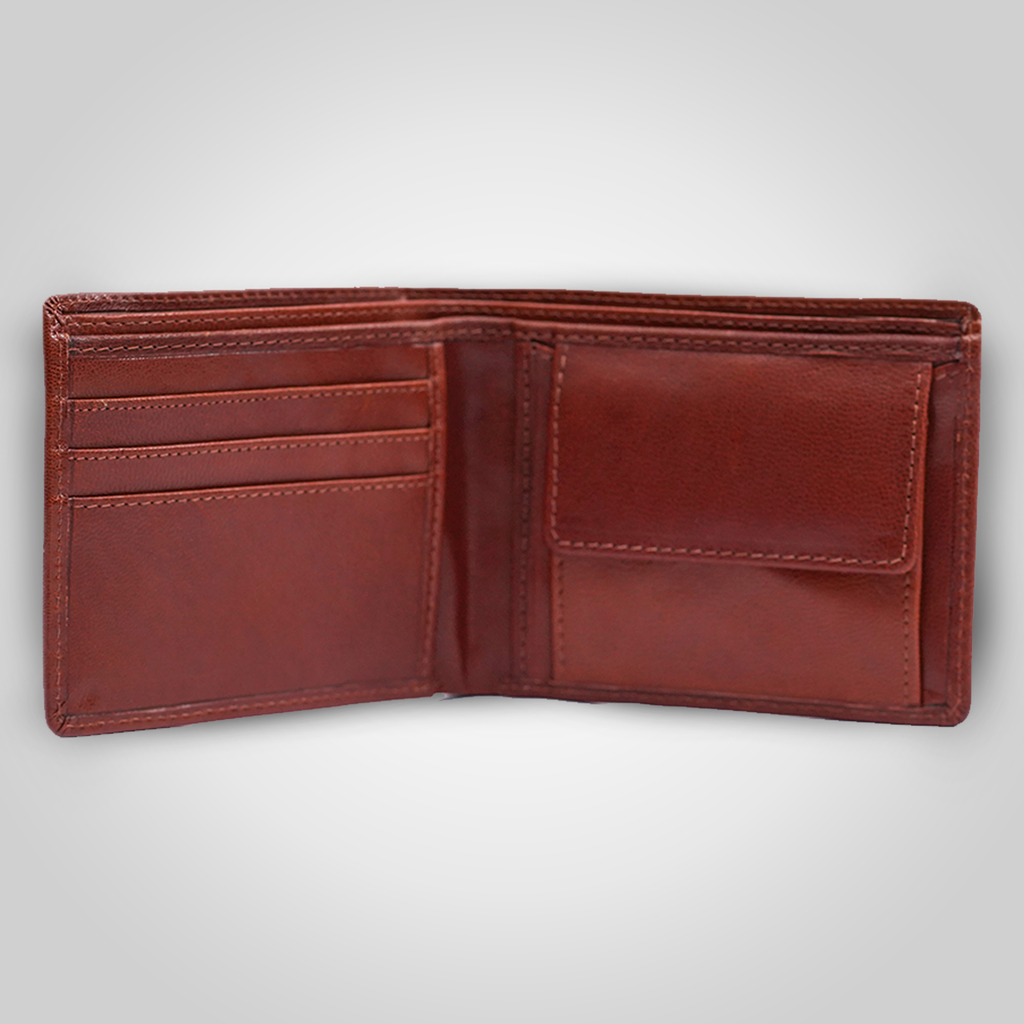 Reddish Brown leather wallet open on a light gray background