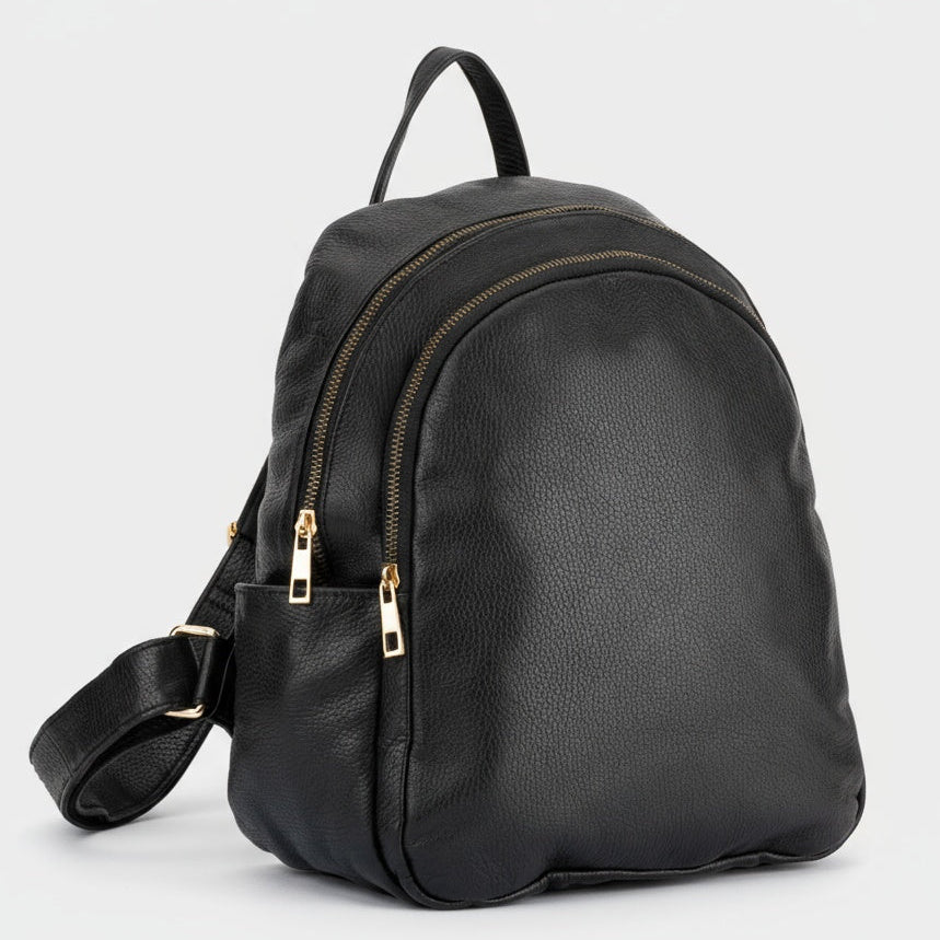 Black leather backpack on a light gray background