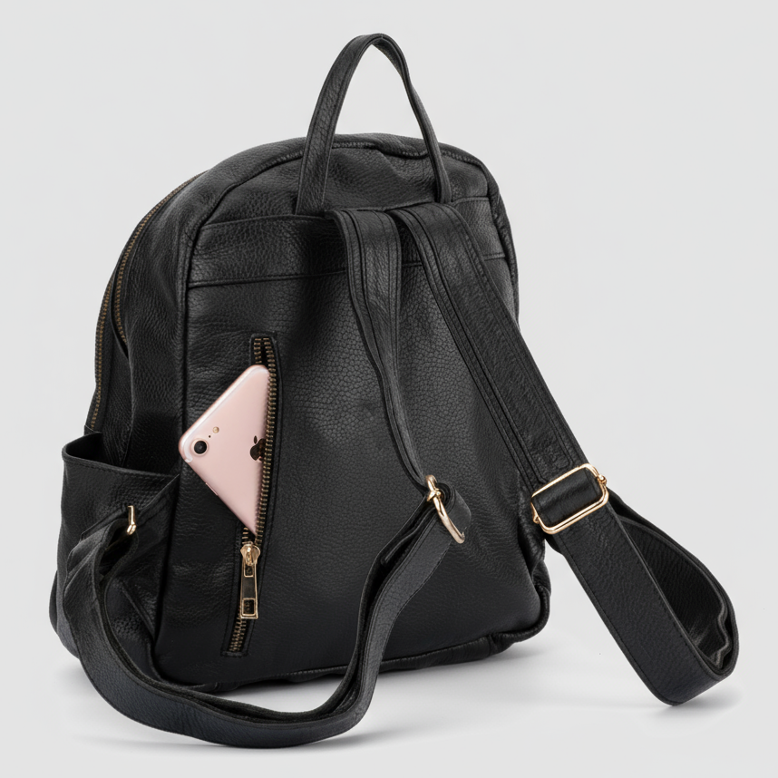Black backpack with a pink phone inside on a light gray background