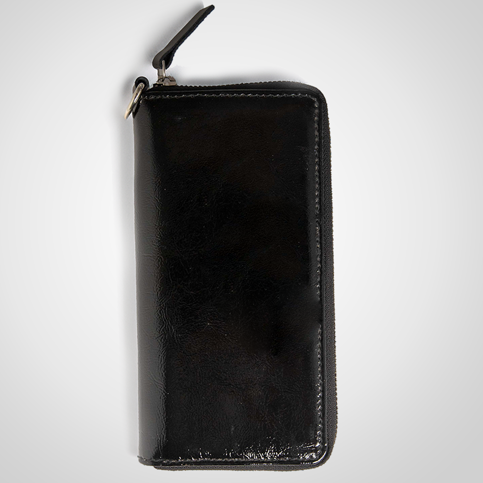 Black leather clutch wallet with a zipper on a white background