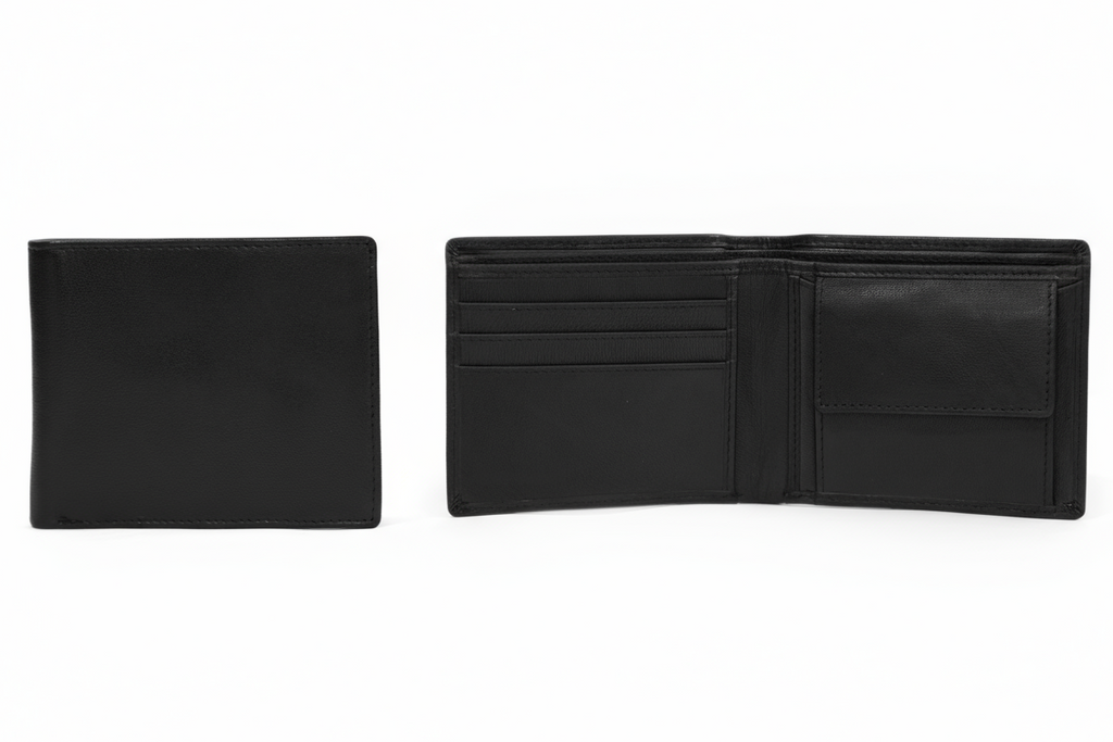 Black leather wallet shown open and closed on a white background