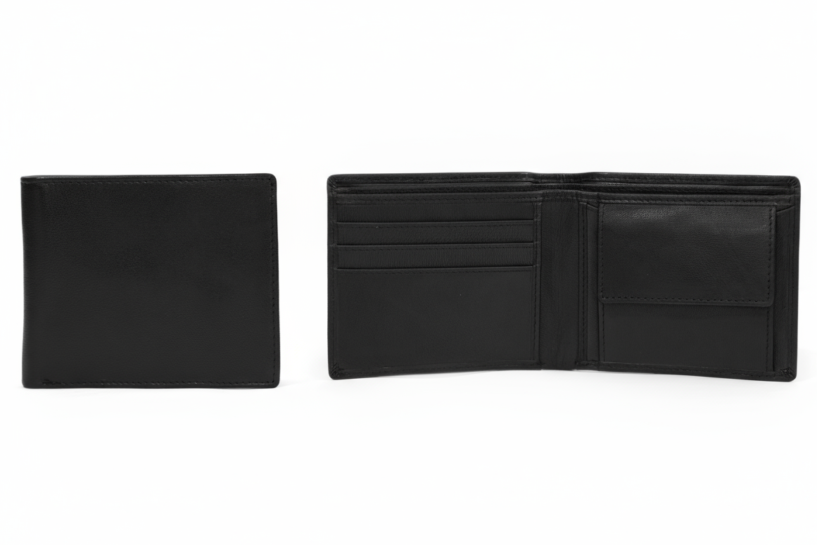 Black leather wallet shown open and closed on a white background