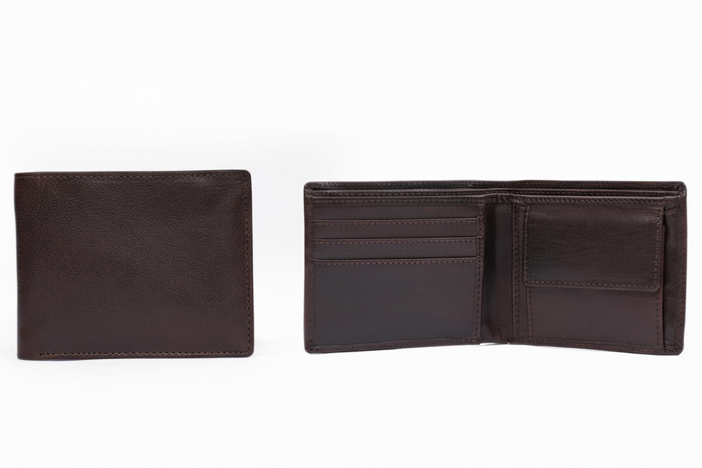 Dark Brown leather wallet shown closed and open on a white background