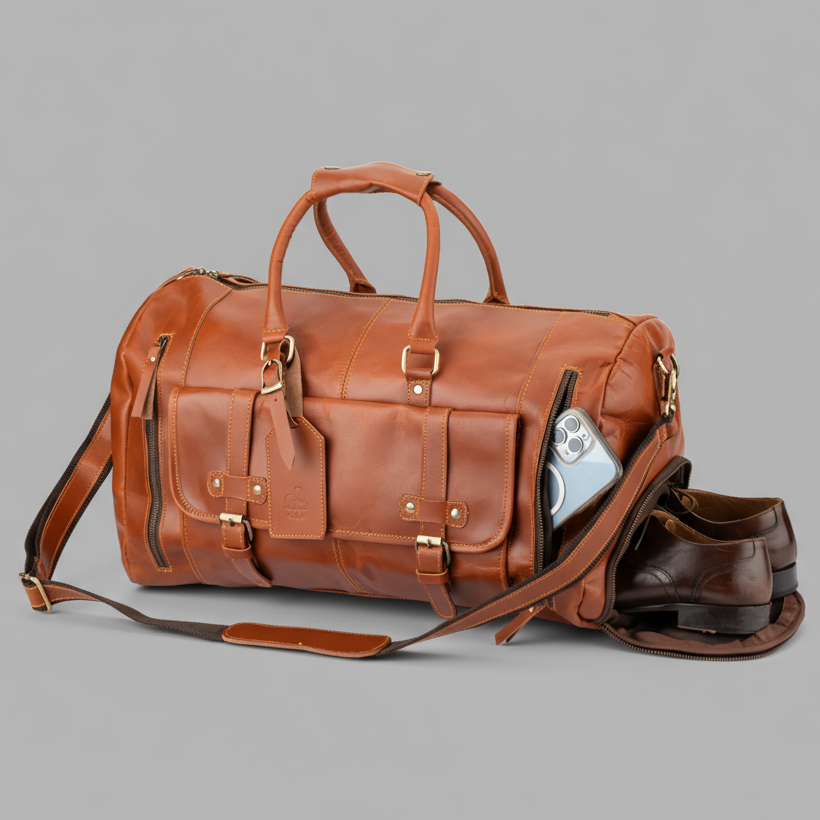 Brown leather duffel bag with shoes on a gray background