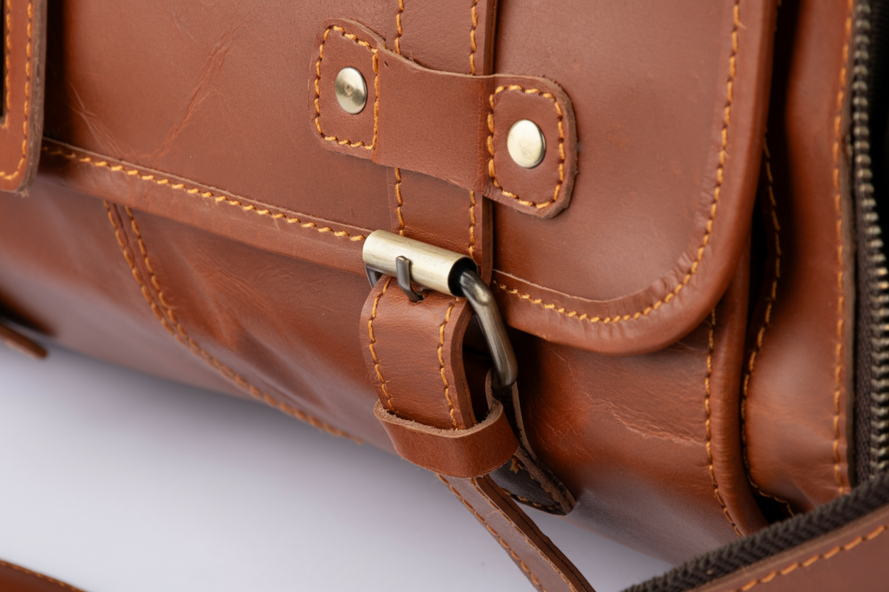 Close-up of a brown leather bag with gold hardware on a white background