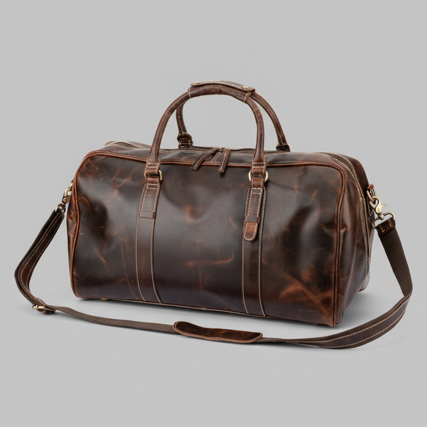 Brown leather duffel bag on a gray background