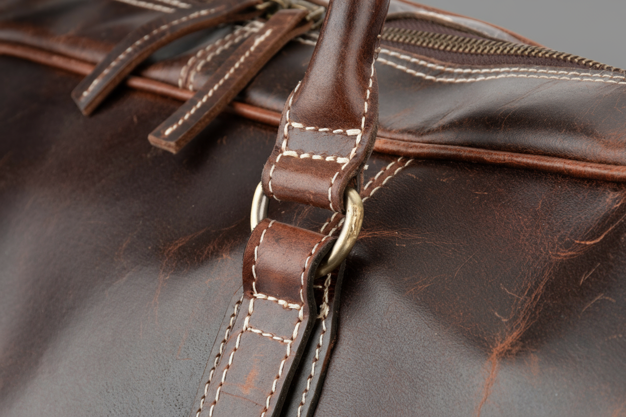 Close-up of a brown leather bag with strap and stitching details.