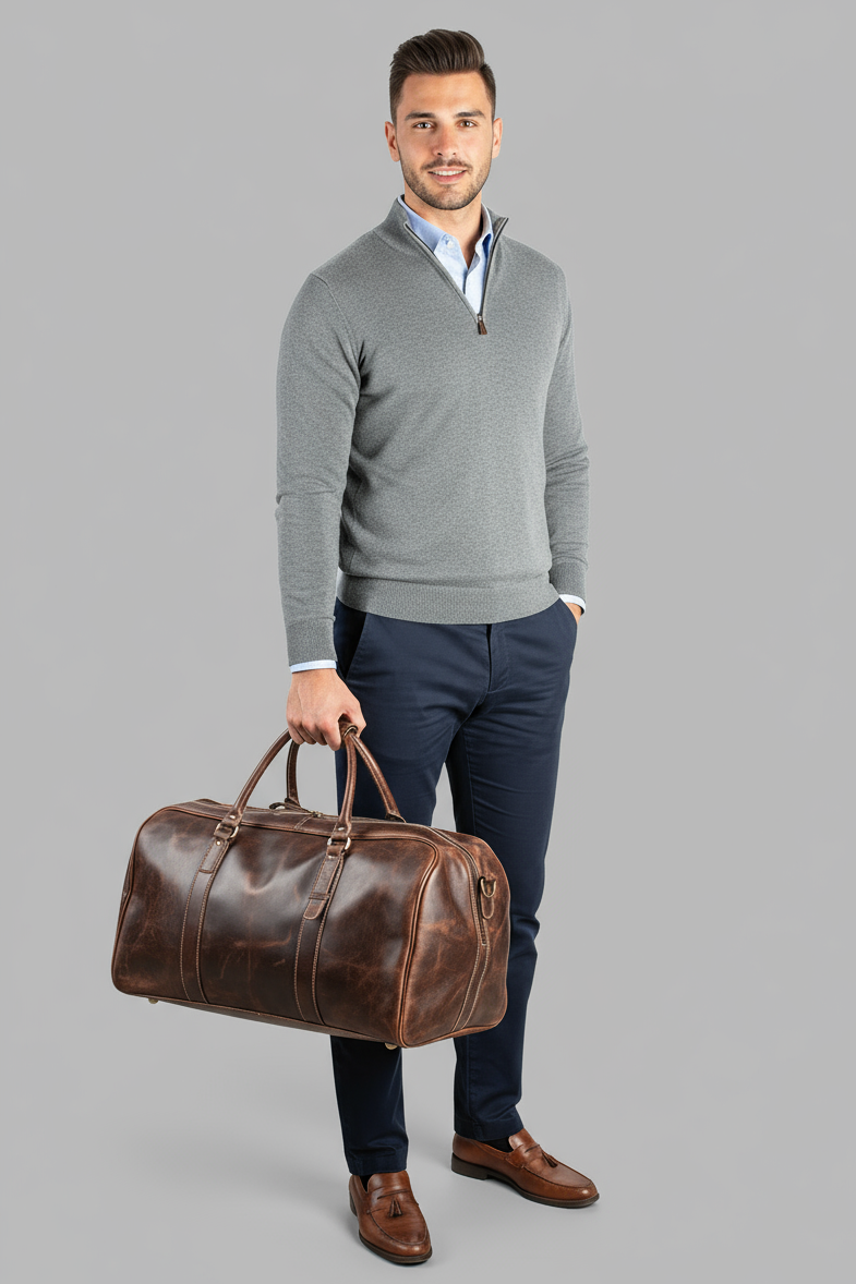 Man holding a brown leather duffel bag against a gray background