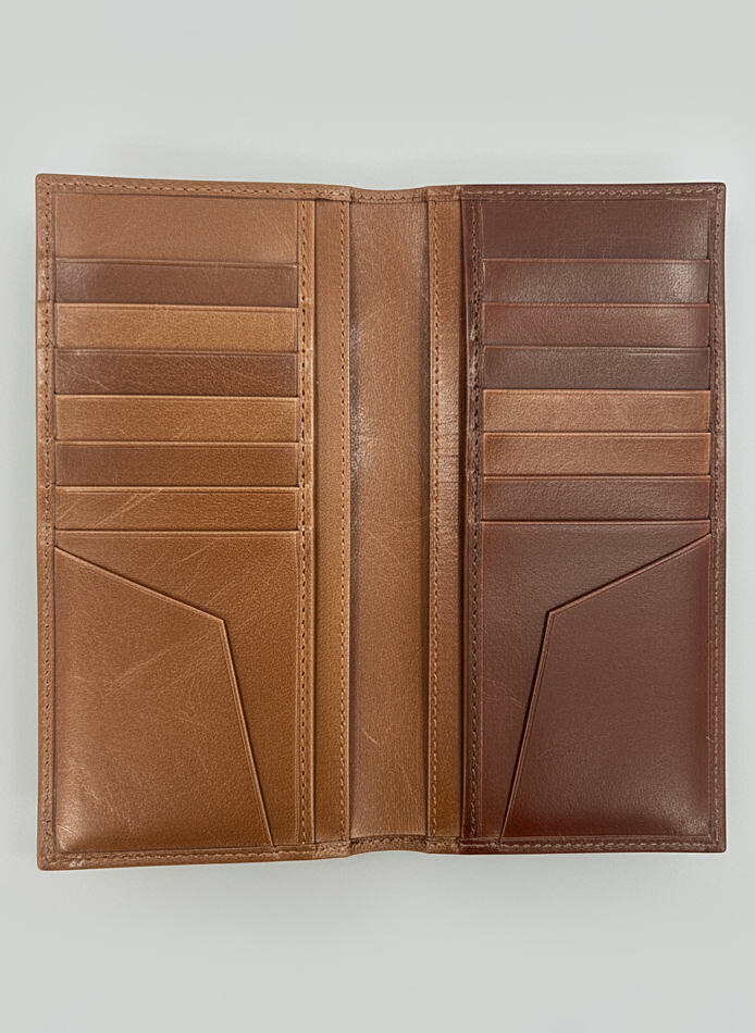 Women’s designer vertical wallet in tan – slim and elegant daily use card holder
