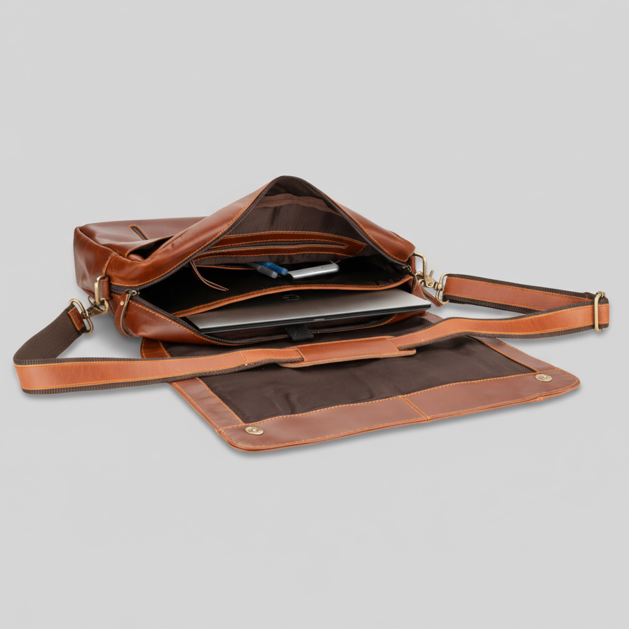 Brown leather bag with open compartments on a light gray background