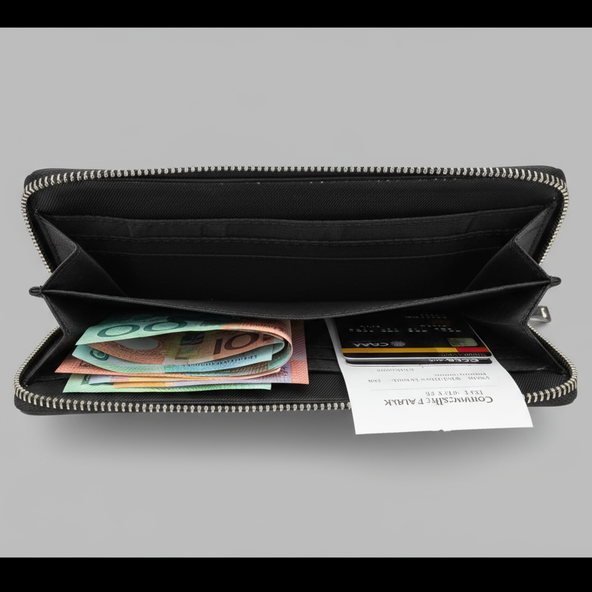 Black clutch wallet with money and cards on a gray background