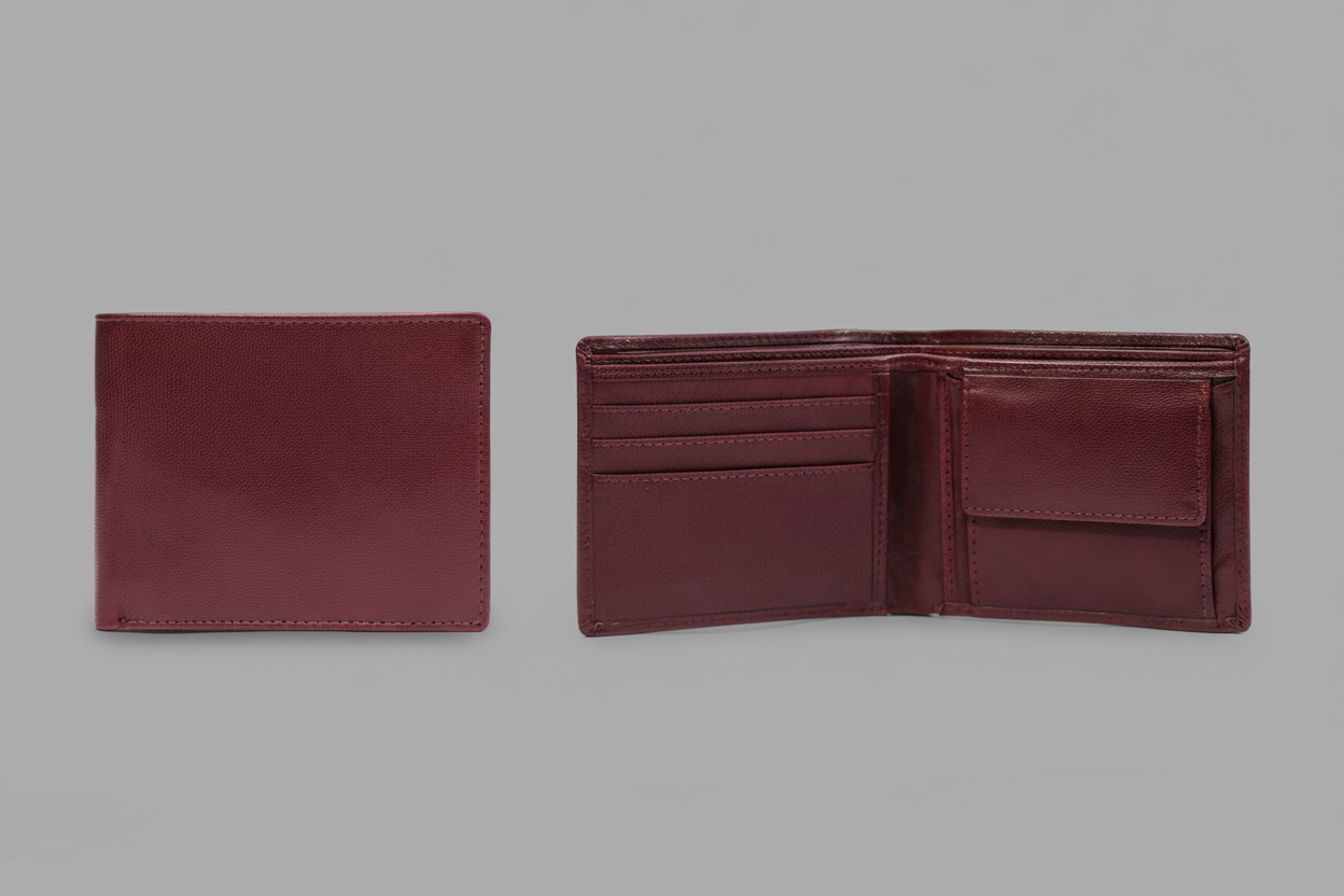 Two burgundy leather wallets, one closed and one open, on a light gray background