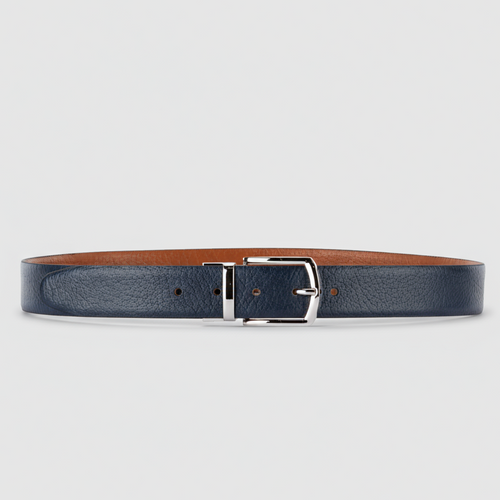 Navy Reversible leather belt with a silver buckle on a light gray background