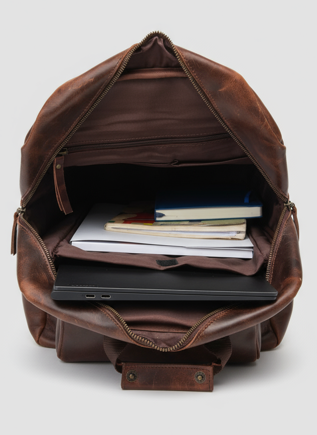 Brown leather backpack with open front compartment showing a laptop and books on a light gray background