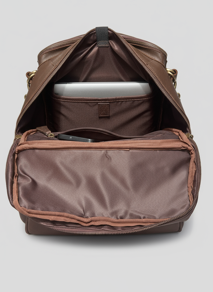 Brown backpack with a laptop inside on a light gray background