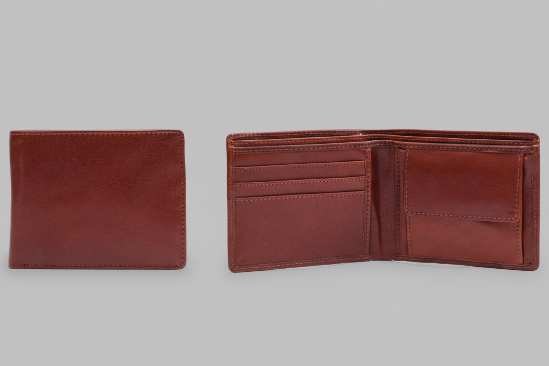 Tan leather wallet open and closed on a gray background