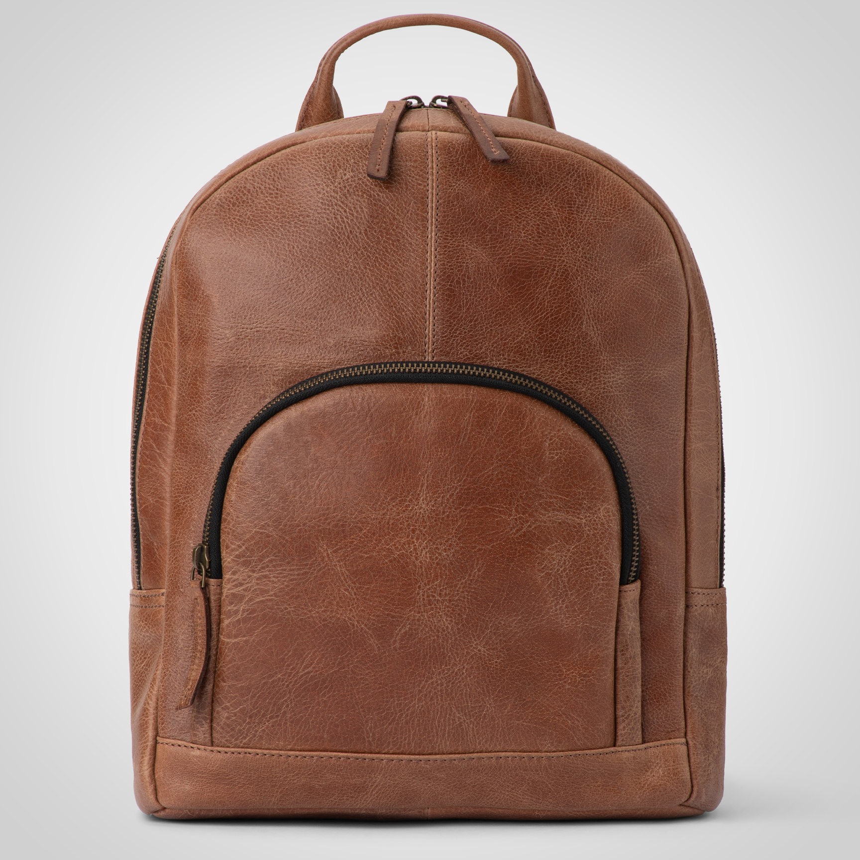 The Nomad full grain leather backpack front view – handcrafted travel and work bag