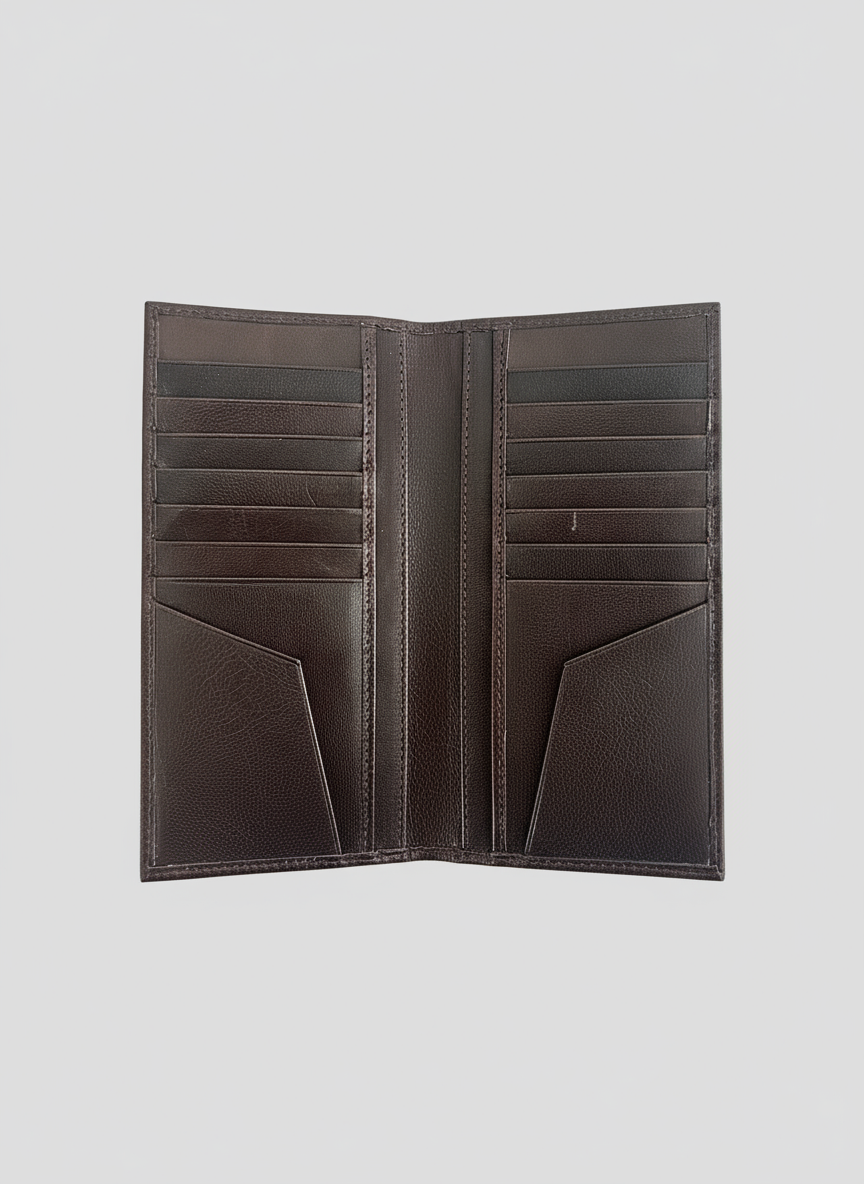 Inside view of vertical leather card holder showing 12 card slots and compartments