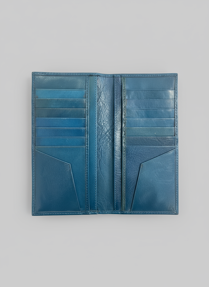 Inside view of Blue vertical leather card holder showing 12 card slots and compartments