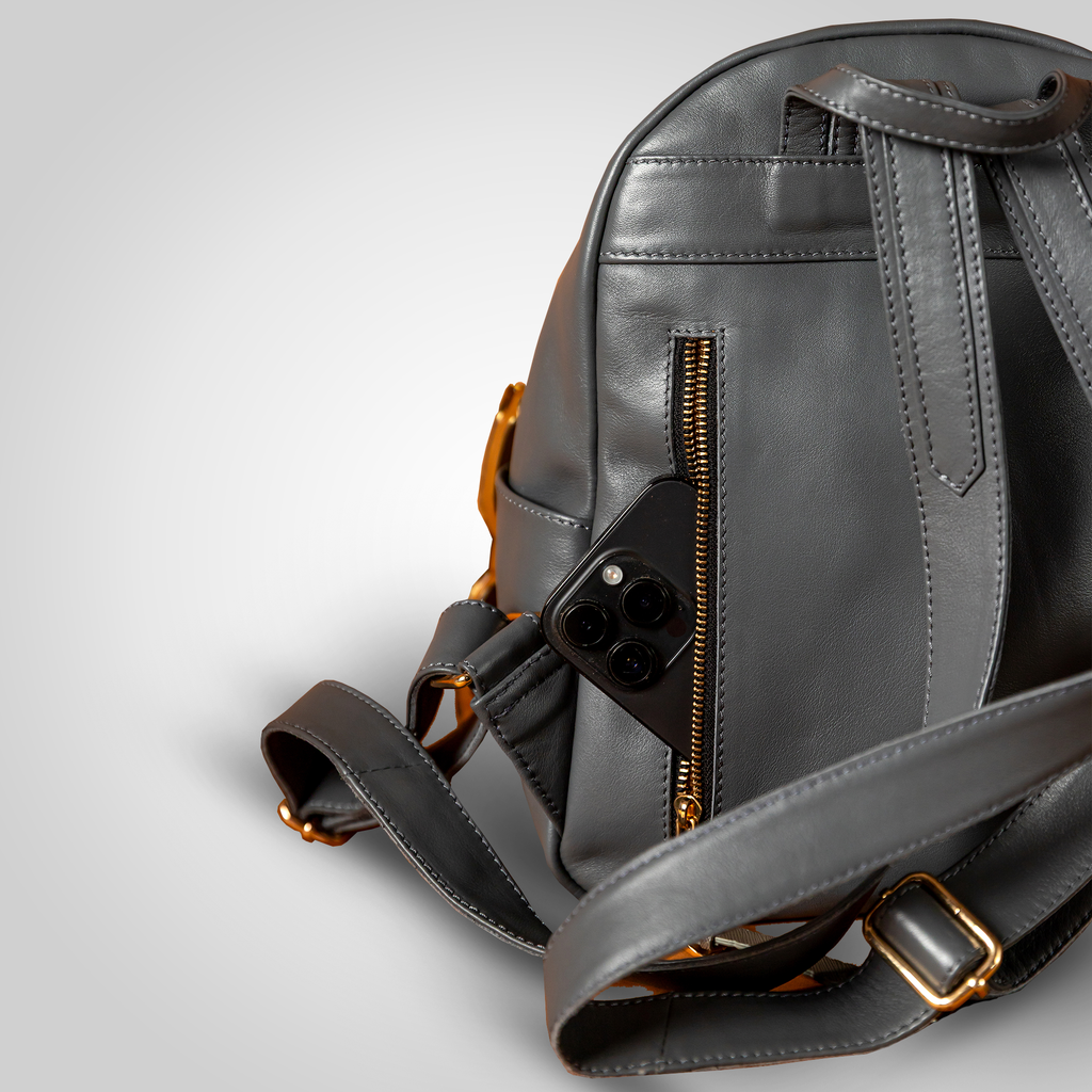 Back view of The Grace leather backpack with adjustable straps for comfort