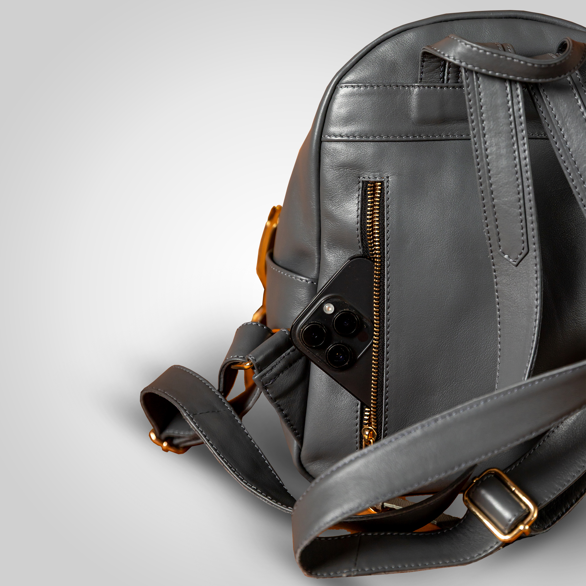 Back view of The Grace leather backpack with adjustable straps for comfort